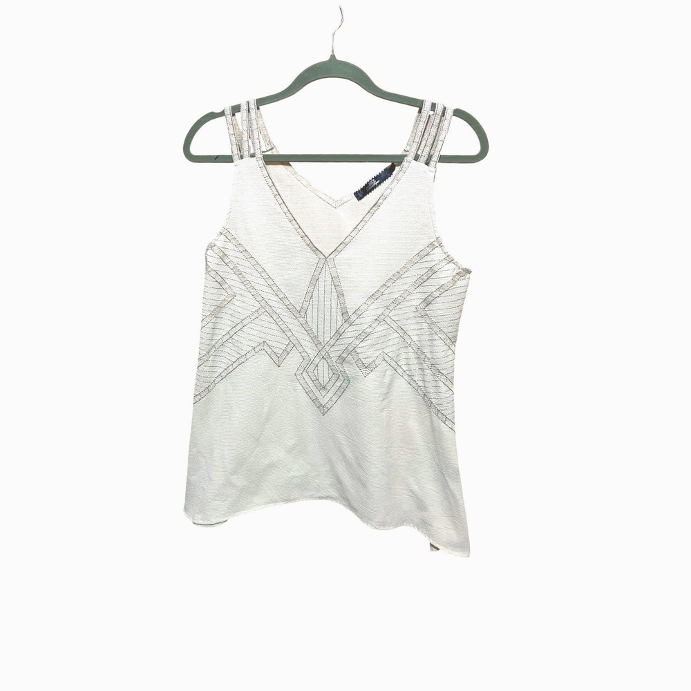 BKE Boutique Cream Silver‎ Metallic Geo Crepe Tank Top Asymmetrical M Art Deco